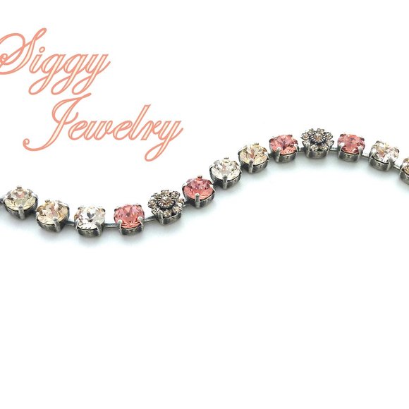 Austrian Crystal Tennis Bracelet with Flower Embellishments in Peachy Colors - Picture 2 of 8